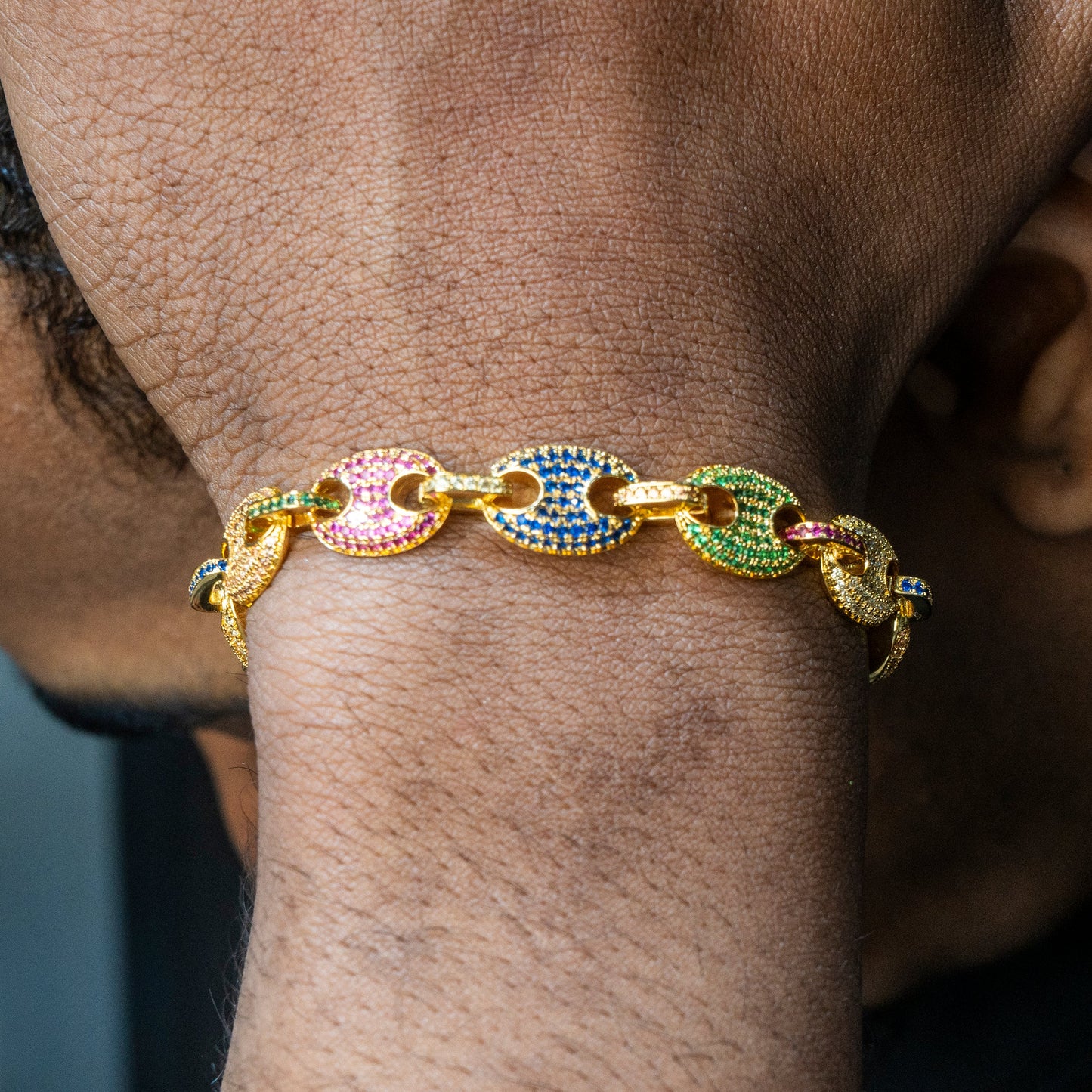 Gold Jewelry -  Mens 14K Gold Iced Out VVS Rainbow Puff Bracelet