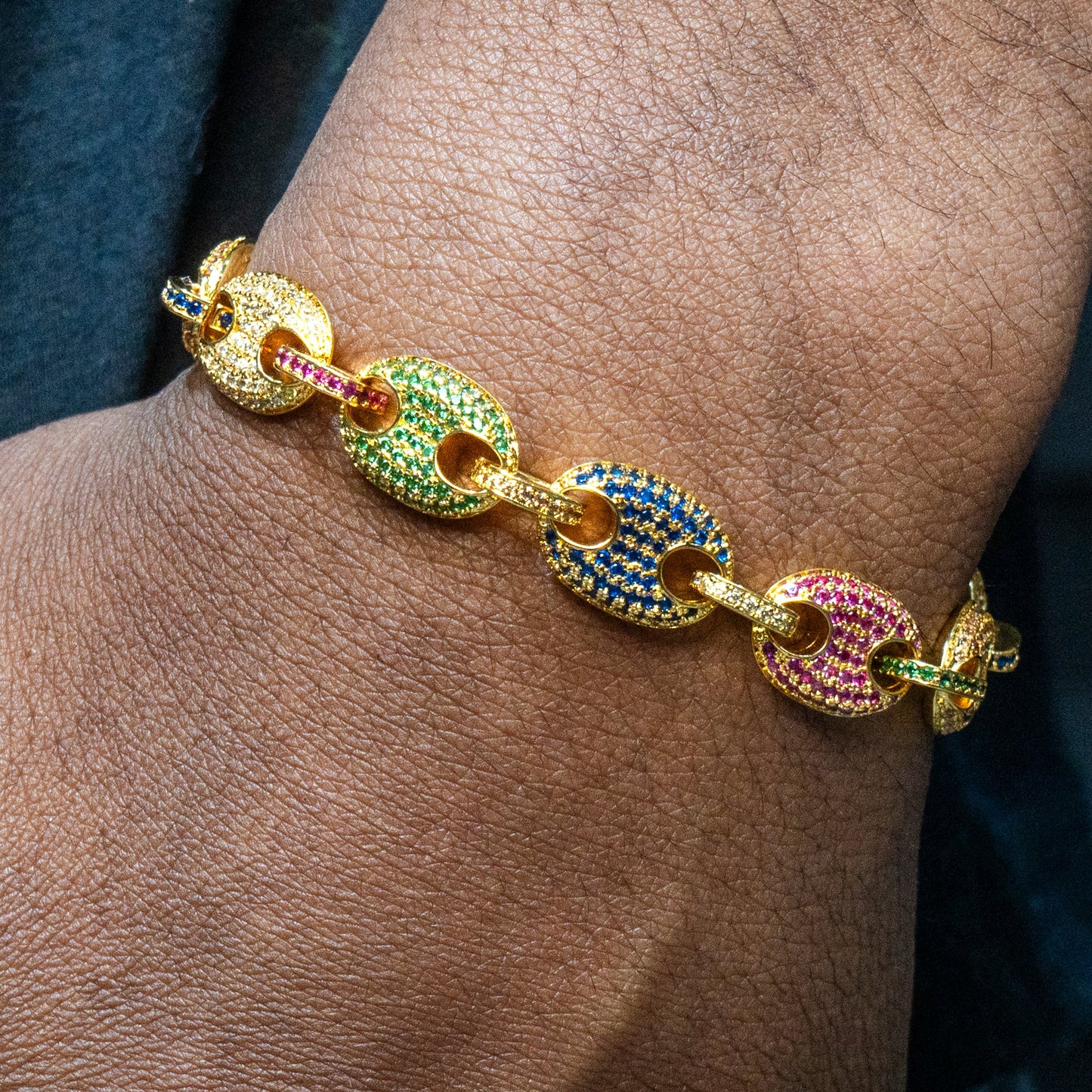 Gold Jewelry -  Mens 14K Gold Iced Out VVS Rainbow Puff Bracelet