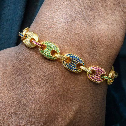Gold Jewelry -  Mens 14K Gold Iced Out VVS Rainbow Puff Bracelet