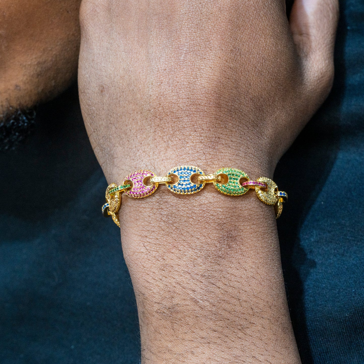 Gold Jewelry -  Mens 14K Gold Iced Out VVS Rainbow Puff Bracelet
