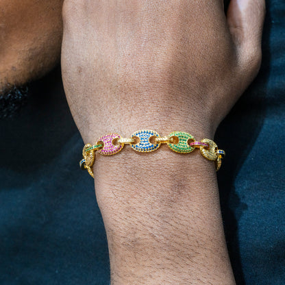 Gold Jewelry -  Mens 14K Gold Iced Out VVS Rainbow Puff Bracelet