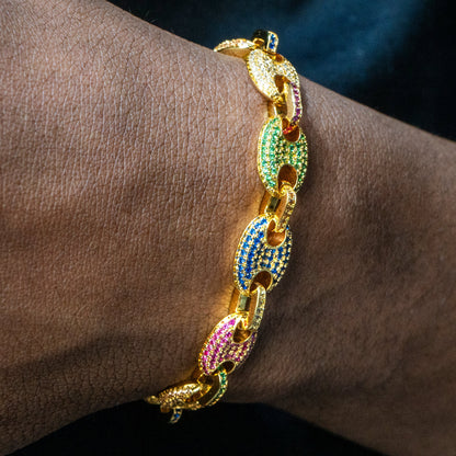 Gold Jewelry -  Mens 14K Gold Iced Out VVS Rainbow Puff Bracelet