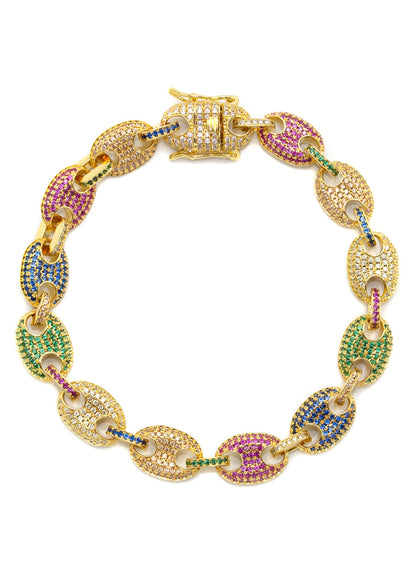 Gold Jewelry -  Mens 14K Gold Iced Out VVS Rainbow Puff Bracelet