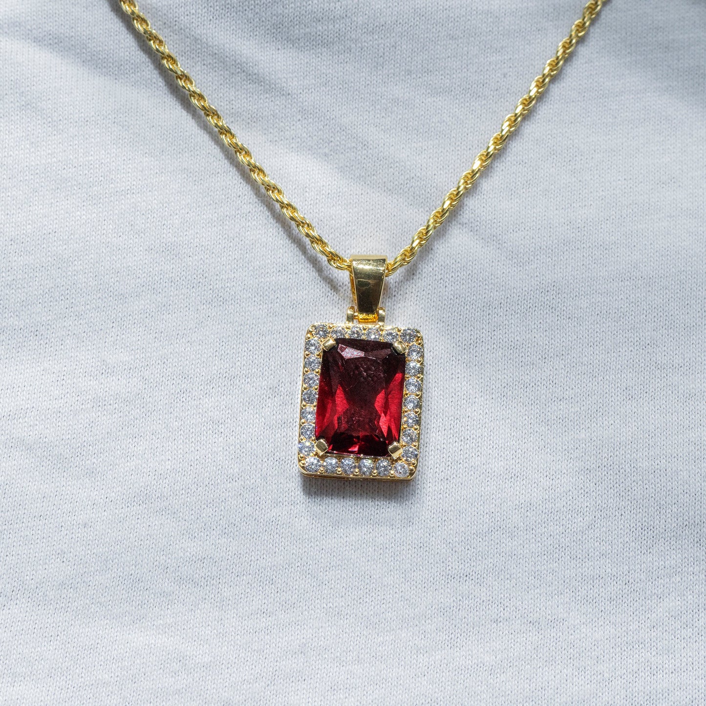 Mens Jewelry -  Gold Iced Out VVS Ruby Necklace | Appx. 14 Grams