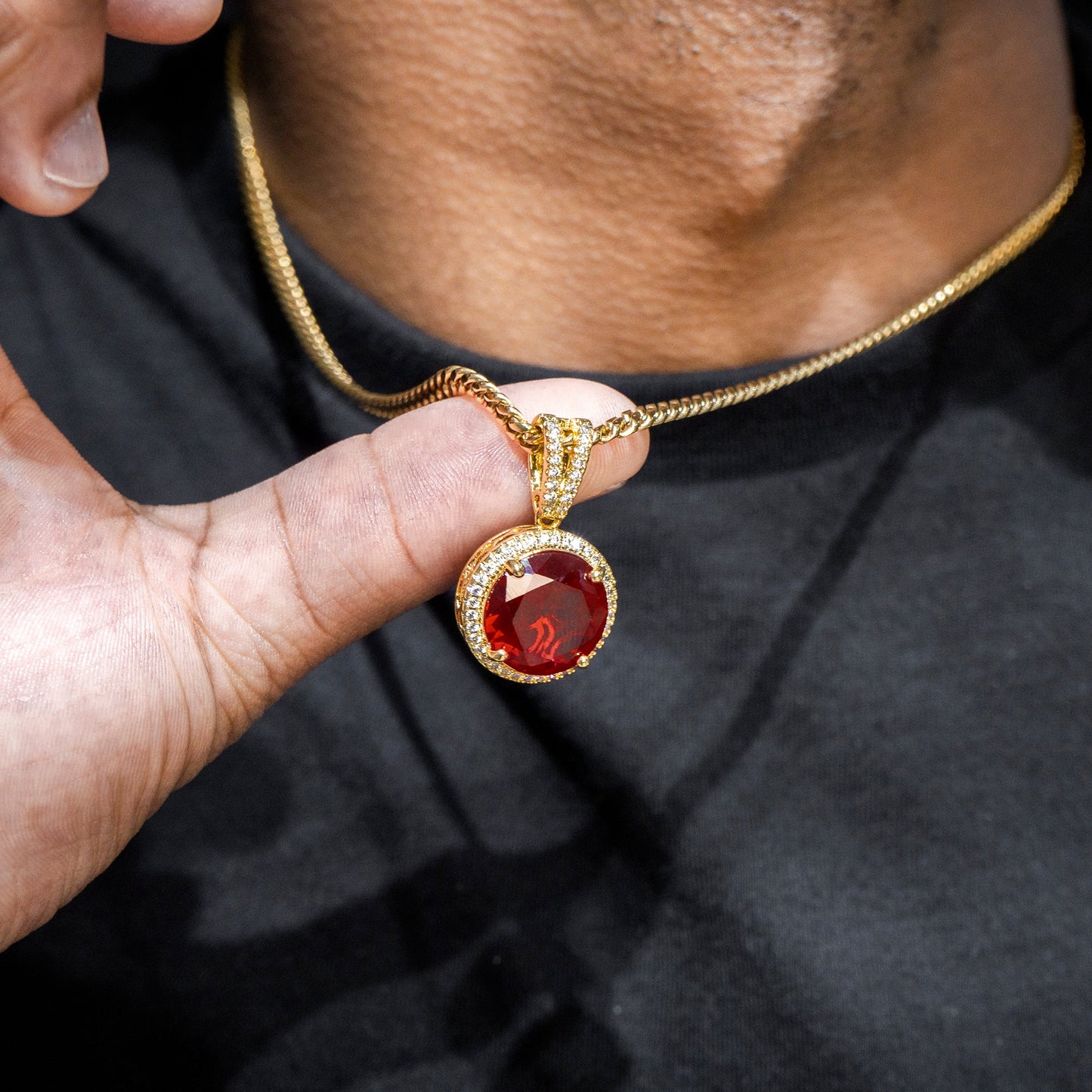 Mens Jewelry -  Gold Iced Out VVS Ruby Necklace | Appx. 15.4 Grams