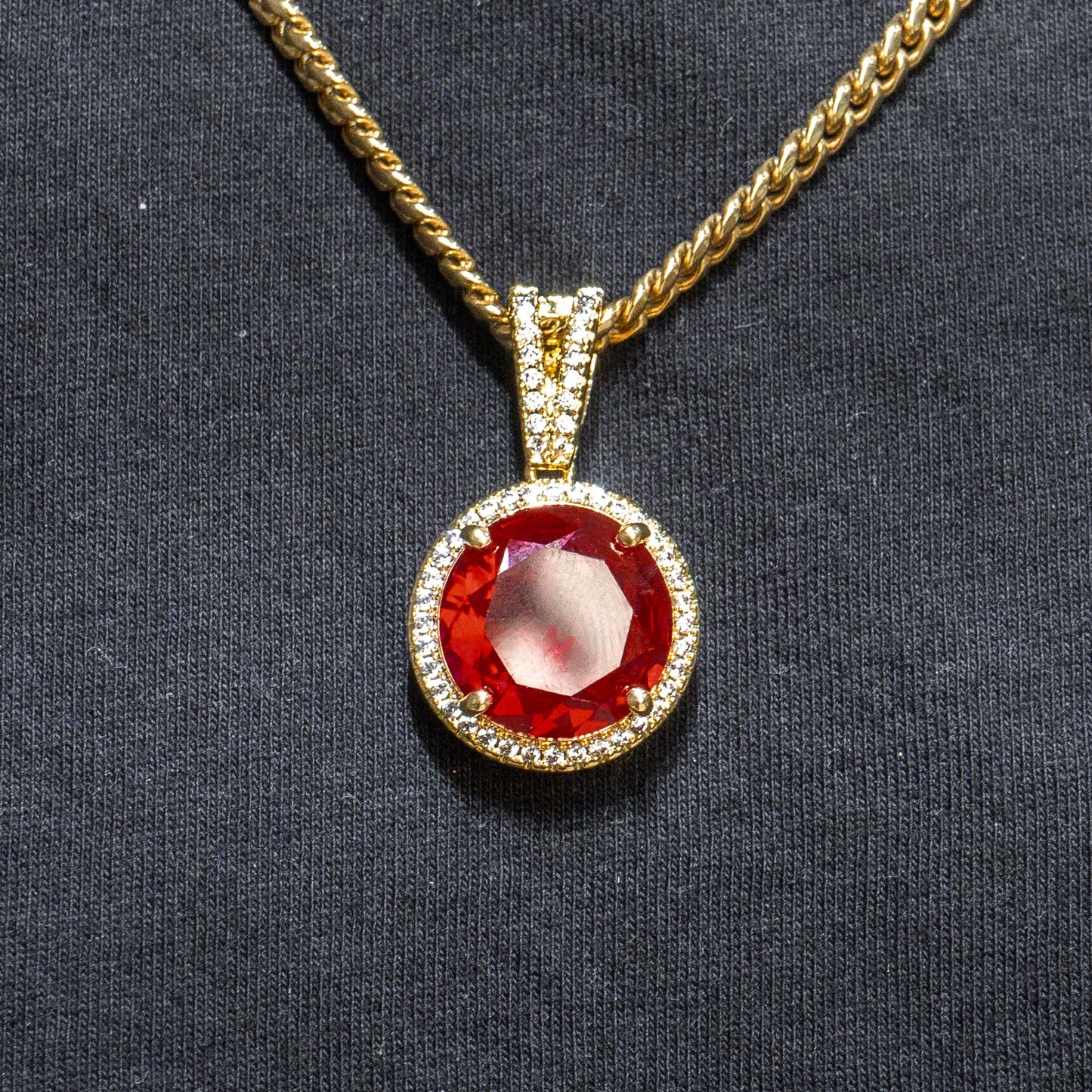 Mens Jewelry -  Gold Iced Out VVS Ruby Necklace | Appx. 15.4 Grams
