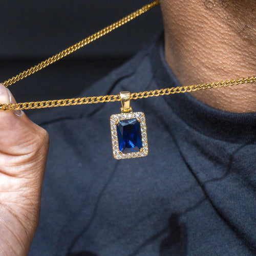 Mens Jewelry -  Gold Iced Out VVS Sapphire Necklace | Appx. 13.4 Grams