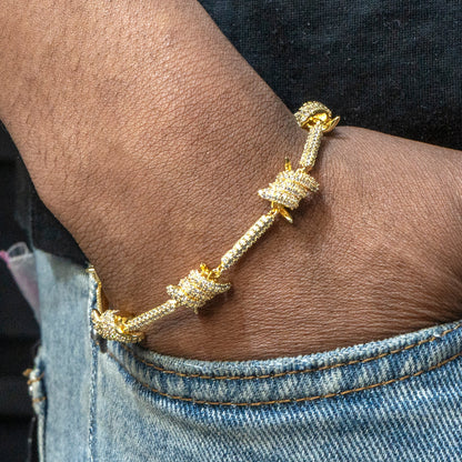 Gold Jewelry -  Mens 14K Gold Iced Out VVS Barbed Wire Link Bracelet