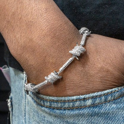 Gold Jewelry -  Mens 14K White Gold Iced Out VVS Barbed Wire Link Bracelet