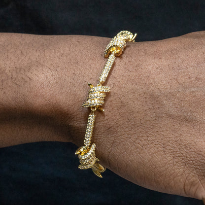 Gold Jewelry -  Mens 14K Gold Iced Out VVS Barbed Wire Link Bracelet