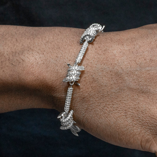 Gold Jewelry -  Mens 14K White Gold Iced Out VVS Barbed Wire Link Bracelet