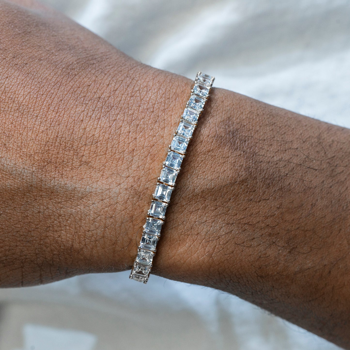 Gold Jewelry -  Mens 14K White Gold Asscher Cut Iced Out VVS Tennis Bracelet