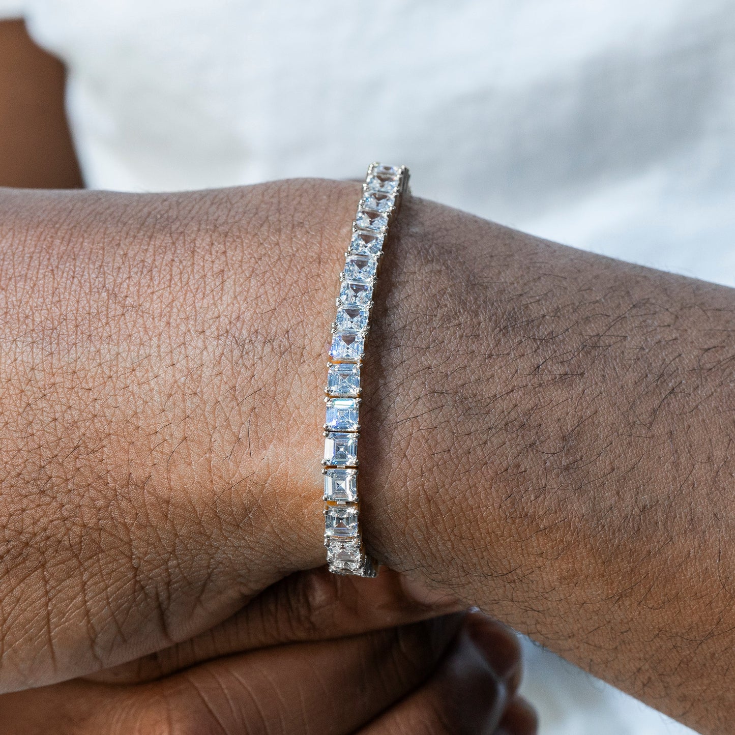 Gold Jewelry -  Mens 14K White Gold Asscher Cut Iced Out VVS Tennis Bracelet