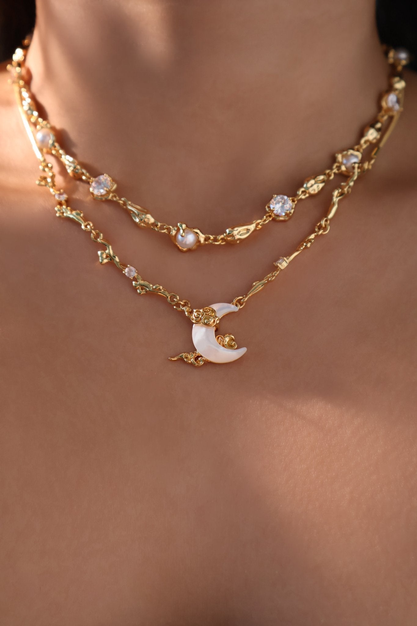 18K Real Gold Plated Multi Diamond Pearl Necklace