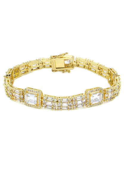 Gold Jewelry -  Mens 14K Gold Baguette Cluster Iced Out VVS Tennis Bracelet