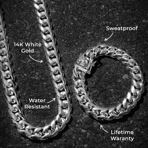 Mens Jewelry - Solid White Gold Miami Cuban Link Chain & Bracelet