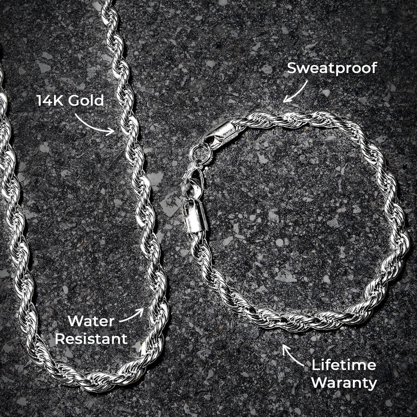 Mens Jewelry - 14K Solid White Gold Rope Chain & Bracelet ( 6 Mm )