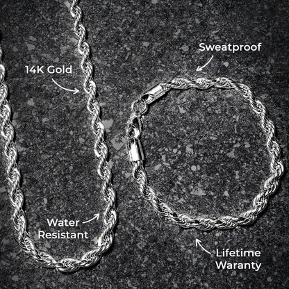 Mens Jewelry - 14K Solid White Gold Rope Chain & Bracelet ( 6 Mm )