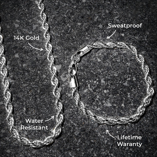 Mens Jewelry - 14K Solid White Gold Rope Chain & Bracelet ( 6 Mm )