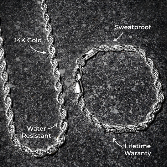 Mens Jewelry - 14K Solid White Gold Rope Chain & Bracelet ( 6 Mm )