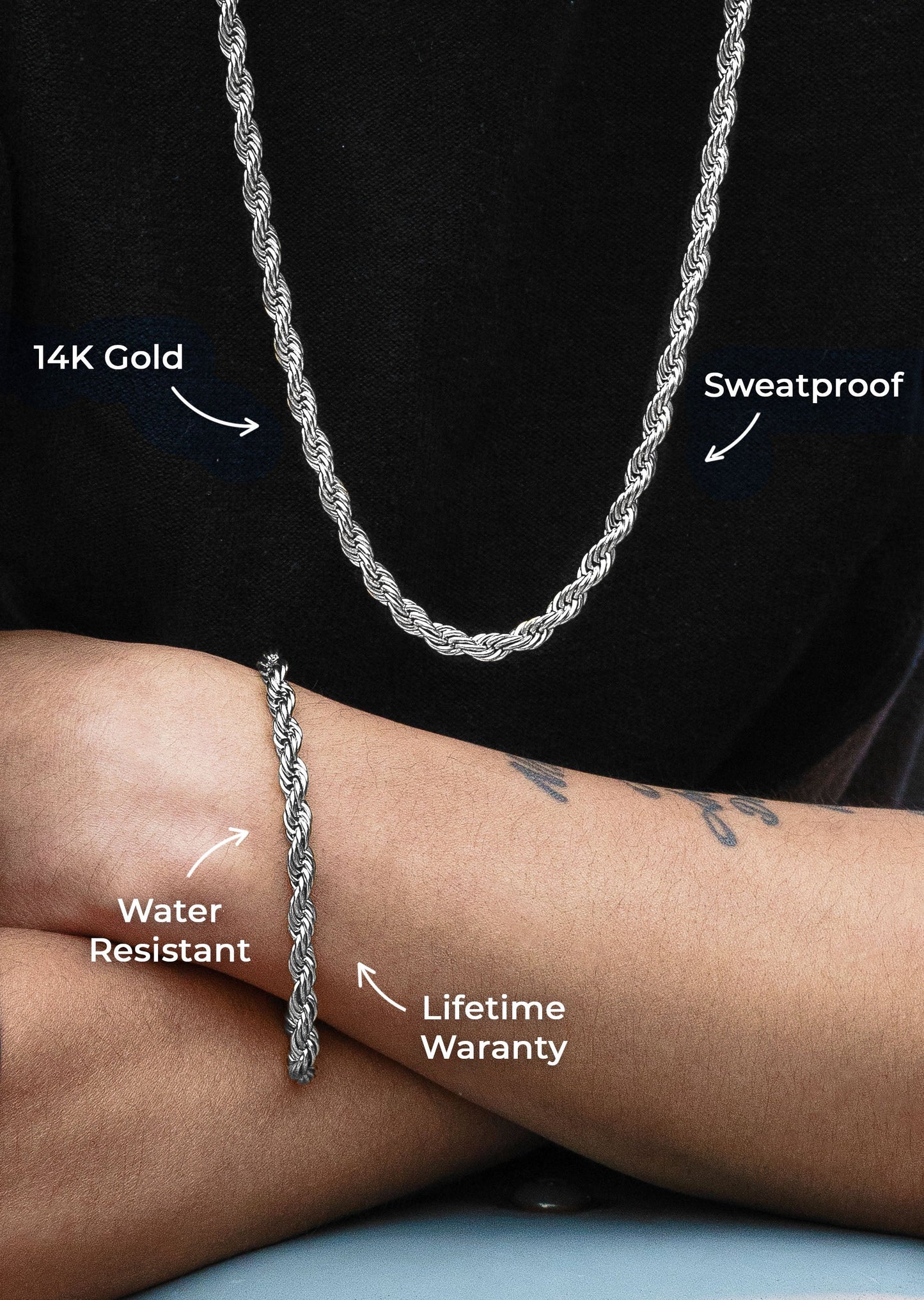 Mens Jewelry - 14K Solid White Gold Rope Chain & Bracelet ( 6 Mm )