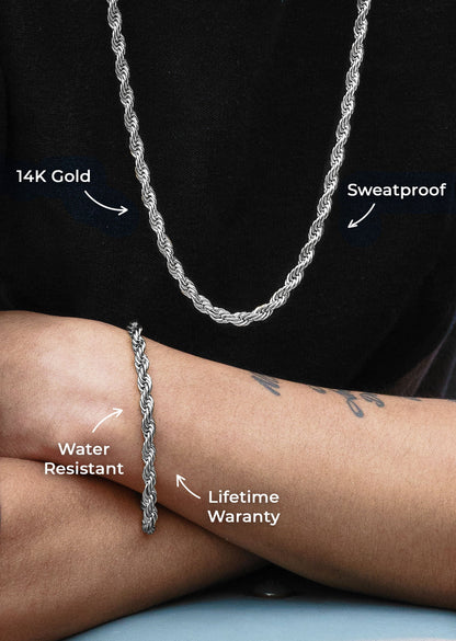 Mens Jewelry - 14K Solid White Gold Rope Chain & Bracelet ( 6 Mm )