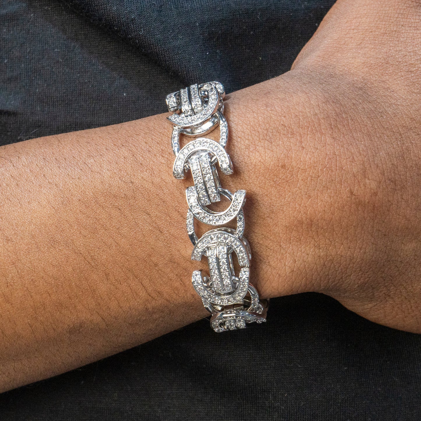 Gold Jewelry -  Mens 14K White Gold Iced Out VVS Flat Byzantine Bracelet