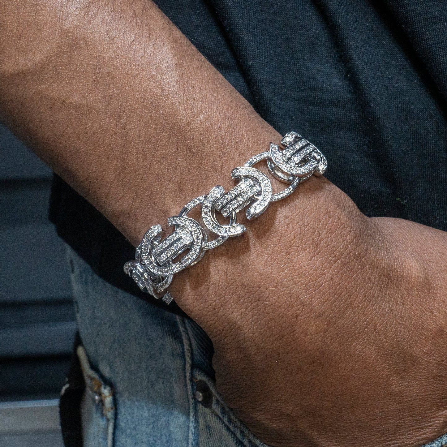 Gold Jewelry -  Mens 14K White Gold Iced Out VVS Flat Byzantine Bracelet
